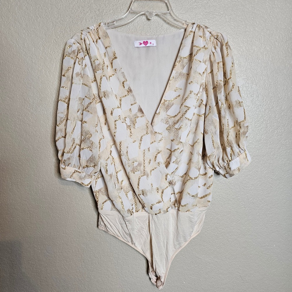 Buddy Love‎ Gold Sparkle Abstract Print Puff Sleeve V Neck Bodysuit Top Large